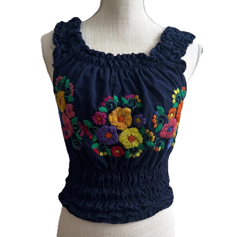 Festival Boho Top Navy Embroidered Smocked Stretch Floral Sleeveless